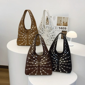 2025 Punk Hobo Bag with metal rivet decor in camel, white, dark brown and black colors