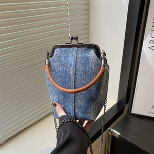 Retro Denim Kiss-Lock Handbag Rhinestone Decor Leather Handle Metal Chain Strap Crossbody Bag Versatile Fashion Women