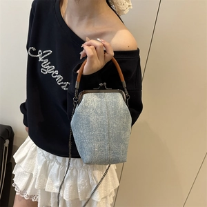 Light blue denim satchel with sparkling sequins, doctor bag frame and metal chain strap