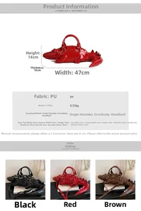 Detail view of crocodile shaped handbag showing dimensions and three color options
