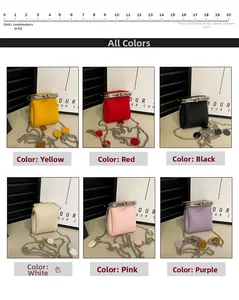 Detailed view of mini kiss-lock crossbody bags in six colors with metallic chain straps