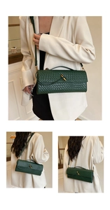 Détail du sac bandoulière tressé vert foncé avec élégant fermoir rotatif doré en métal