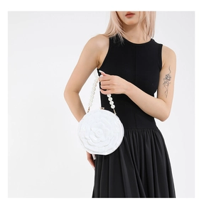 Detail of white 3D floral acrylic clutch bag with pearl handle and rose design