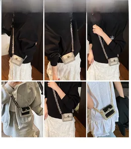 Mini woven pearl crossbody bag showcasing white and bicolor designs on a model