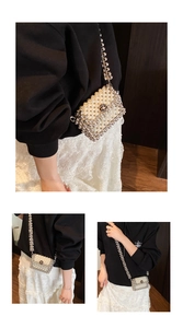 Detailed macro of a woven pearl mini crossbody bag with rose buckle and beaded strap