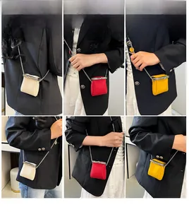 Chic mini leather lipstick bag set with metal chain strap and lychee grain texture