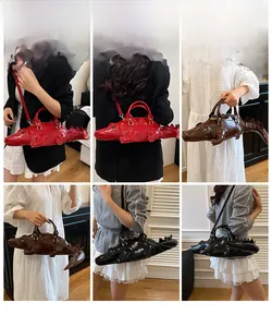Detailed views of creative crocodile-shaped handbag in red, brown, and black styles