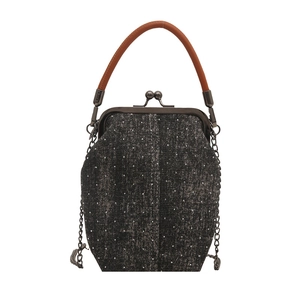 Retro denim kiss-lock shell bag with silver sequins and brown leather handle