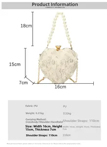 Detailed size chart for heart-shaped lace evening bag with pearl handle and metal chain