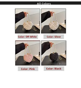 Lace heart-shaped evening bags in multiple colors with pearl handles and metal chains