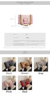 Detailed size and material specs for the PU leather chain crossbody bag in five colors