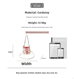 Size guide for corduroy heart bucket bag with measurements and capacity details