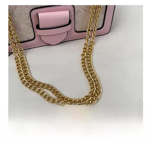 Detailed close-up of pink leather strap and gold chain on the embroidered bag