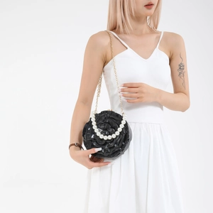 Elegant black 3D rose flower evening bag with pearl handle and golden chain strap
