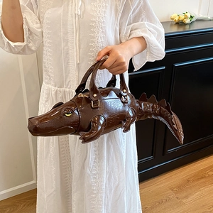 Creative 3D crocodile-shaped women handbag in brown mirror leather with embossed texture
