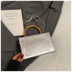 Close-up of silver box bag with textured finish, bamboo handle, and snake chain strap