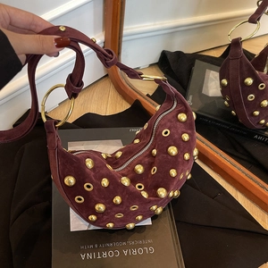 Women Crescent Hobo Bag Suede Fabric With Gold Rivets And Metal Grommets Retro Punk Style Crossbody Shoulder Purse