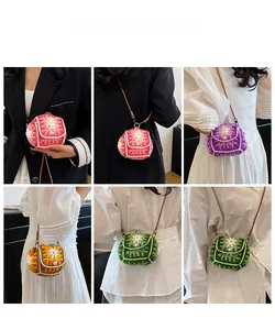 Detail view of mini knit crossbody bags with 3D floral patterns and pearl buttons