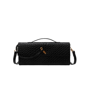 Black woven leather baguette bag with gold metal buckle and detachable shoulder strap