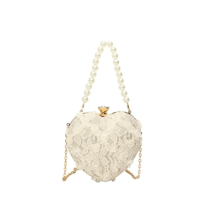 Elegant heart-shaped lace evening bag with pearl handle and crystal clasp for women