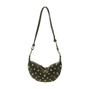 Olive green crescent shoulder bag with golden rivets and metal eyelets on soft suede