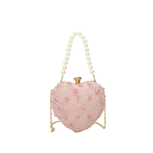 Pink heart-shaped lace bag with 3D rose decor, pearl handle and gold chain strap