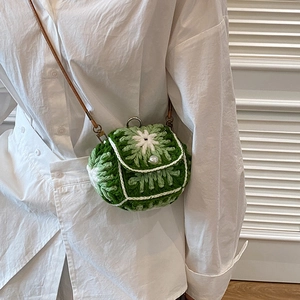 Fresh green floral knit mini crossbody bag with pearl button and leather strap
