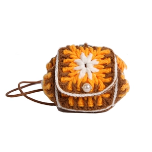 Mini floral knit crossbody bag in orange and brown with elegant pearl closure