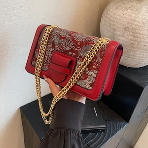 Vintage Embroidery Shoulder Bag PU Leather Crossbody Small Square Bag With Metal Chain Chinese Style Ethnic For Women
