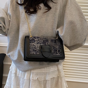 Retro black crossbody bag with vintage embroidery and gold chain strap for women