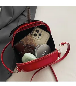 Internal view of watermelon crossbody bag showing space for phone and makeup