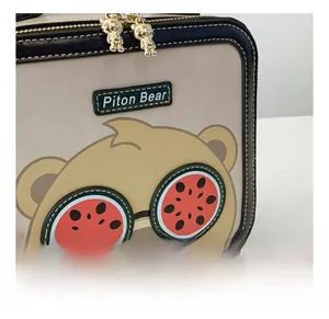 Close-up of cartoon bear with watermelon glasses and dual golden metal zippers