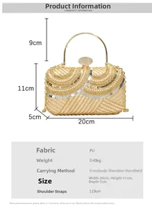 Detail view of champagne sequin evening bag with gold handle and dimension labels