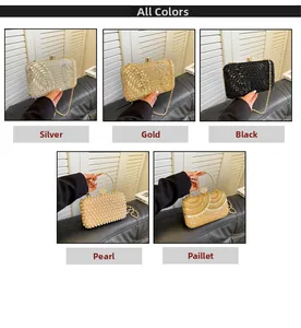 Collection of sequined evening clutch bags with leaf patterns and pearl ring handles