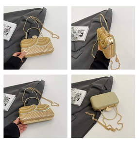 Detailed views of gold beaded evening bag with pearls, sequins and metal handle