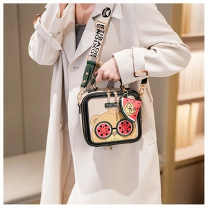 Detail of a beige cartoon crossbody bag featuring a cute bear wearing watermelon sunglasses