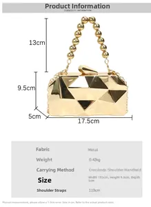 Detailed size specifications for the gold metal evening bag with dimensions 17.5x9.5x5cm