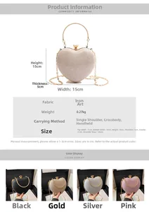Size chart for heart shaped evening bag with metal handle and dimensions 15x15x5cm