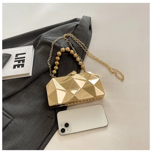 Golden geometric hard shell evening bag with round bead handle and chain detail