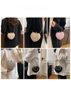 Collage of heart-shaped glitter evening bags in gold, silver, pink, and black colors