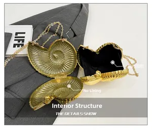 Detail view of the interior structure for gold shell evening bag with chain strap