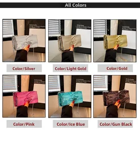 Showcase of six metallic mirror-finish pleated clutch bags with thin chain straps