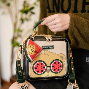 Japanese style Piton Bear square crossbody bag with cartoon watermelon charm and wide strap