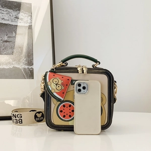 Cartoon bear and watermelon crossbody square bag with wide strap and mini pouch