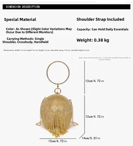 Dettaglio della borsa da sera tonda con strass, larghezza 12cm e lunghe frangie