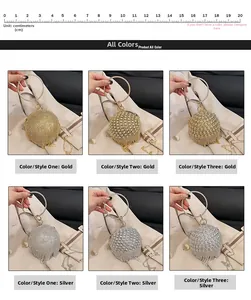 Borse da sera sferiche con strass in oro e argento con vari motivi di cristallo e catene