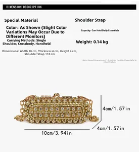 Detailed view of mini rhinestone evening bag with clover pattern and metal chain strap