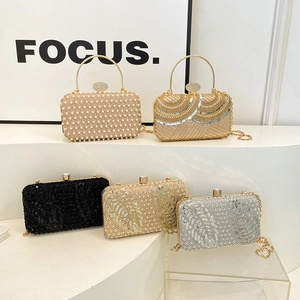 Elegant evening bags with sequins and pearls in champagne, black and silver finishes