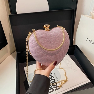 Metal Frame Heart Shaped Evening Bag Glitter Sequin Clutch Purse With Crystal Buckle And Chain Strap For Women Party
