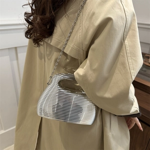 Silver rippled acrylic evening bag with metallic finish and chain strap worn by a model